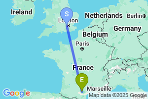 Map of the flight from London Heathrow to Castres Mazamet