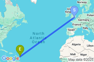 Map of the flight from London Heathrow to Dominica Melville Hall