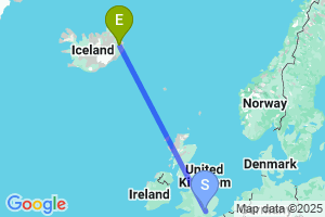 Map of the flight from London Heathrow to Egilsstadir