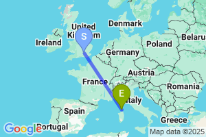 Map of the flight from London Heathrow to Figari