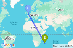 Map of the flight from London Heathrow to Fort Dauphin