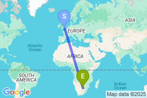 Map of the flight from London Heathrow to Gaborone