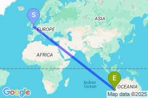 Map of the flight from London Heathrow to Geraldton