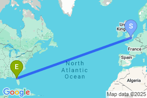 Map of the flight from London Heathrow to Gainesville