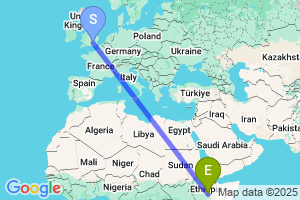 Map of the flight from London Heathrow to Goba
