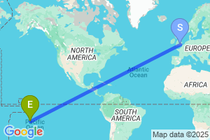 Map of the flight from London Heathrow to Huahine