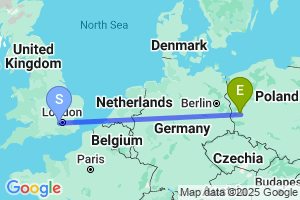 Map of the flight from London Heathrow to Zielona Gora Babimost