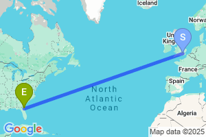 Map of the flight from London Heathrow to Jacksonville