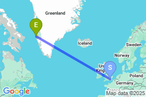 Map of the flight from London Heathrow to Sisimiut