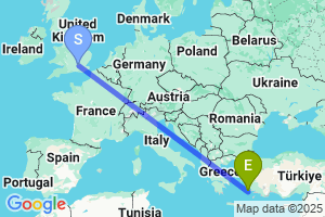 Map of the flight from London Heathrow to Kalymnos