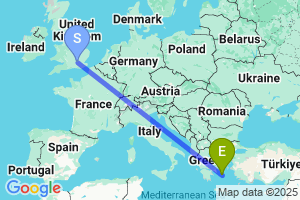 Map of the flight from London Heathrow to Syros Island