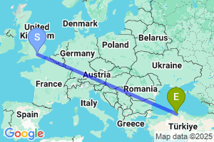 Map of the flight from London Heathrow to Kastamonu