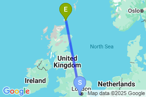 Map of the flight from London Heathrow to Kirkwall