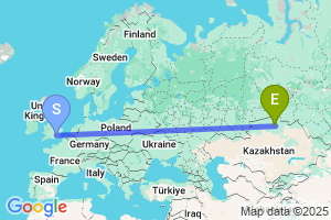 Map of the flight from London Heathrow to Kokshetau