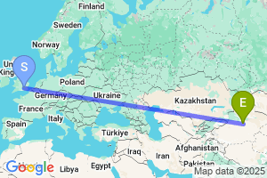 Map of the flight from London Heathrow to Korla