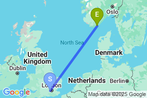 Map of the flight from London Heathrow to Kristiansand