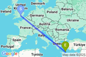 Map of the flight from London Heathrow to Kasos Island