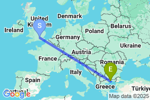 Map of the flight from London Heathrow to Kavala