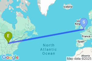 Map of the flight from London Heathrow to Lafayette