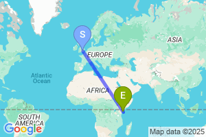 Map of the flight from London Heathrow to Lamu