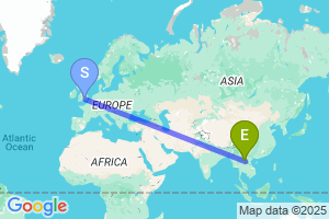 Map of the flight from London Heathrow to Luang Prabang