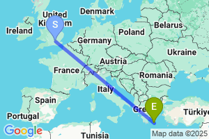 Map of the flight from London Heathrow to Milos