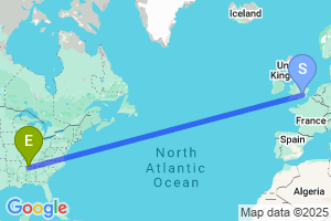 Map of the flight from London Heathrow to Muscle Shoals