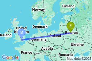 Map of the flight from London Heathrow to Minsk