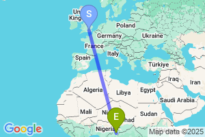 Map of the flight from London Heathrow to Ngaoundere
