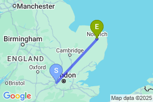 Map of the flight from London Heathrow to Norwich