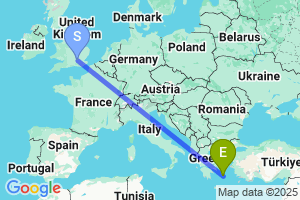 Map of the flight from London Heathrow to Paros