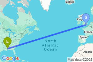 Map of the flight from London Heathrow to Hattiesburg-Laurel