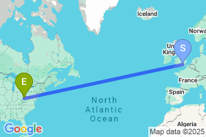 Map of the flight from London Heathrow to Parkersburg