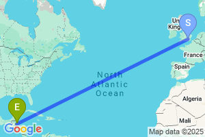 Map of the flight from London Heathrow to Placencia