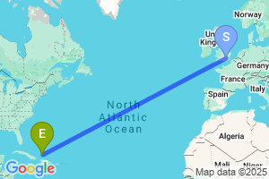 Map of the flight from London Heathrow to Providenciales