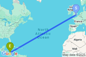 Map of the flight from London Heathrow to Providencia