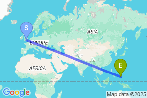 Map of the flight from London Heathrow to Koror