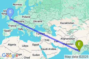 Map of the flight from London Heathrow to Raipur