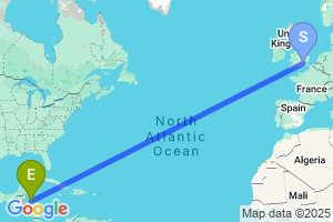 Map of the flight from London Heathrow to Roatan