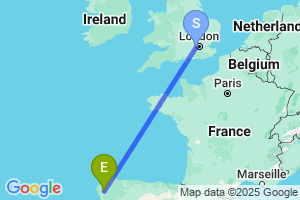 Map of the flight from London Heathrow to Santiago de Compostela