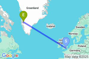 Map of the flight from London Heathrow to Kangerlussuaq