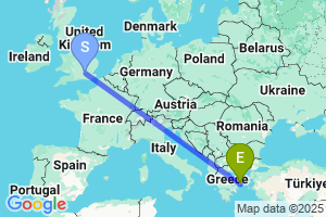Map of the flight from London Heathrow to Skiros