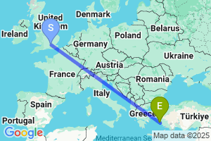 Map of the flight from London Heathrow to Samos