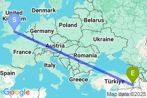 Map of the flight from London Heathrow to Siirt