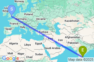 Map of the flight from London Heathrow to Tirupati