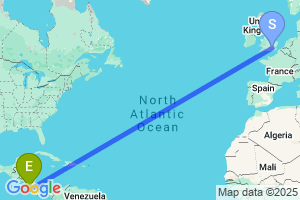 Map of the flight from London Heathrow to Tamarindo