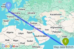 Map of the flight from London Heathrow to Trincomalee