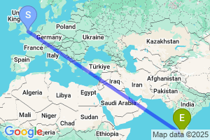 Map of the flight from London Heathrow to Thiruvananthapuram