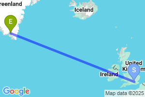 Map of the flight from London Heathrow to Narsarsuaq