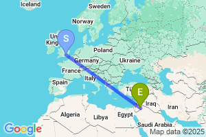 Map of the flight from London Heathrow to Al Qurayyāt